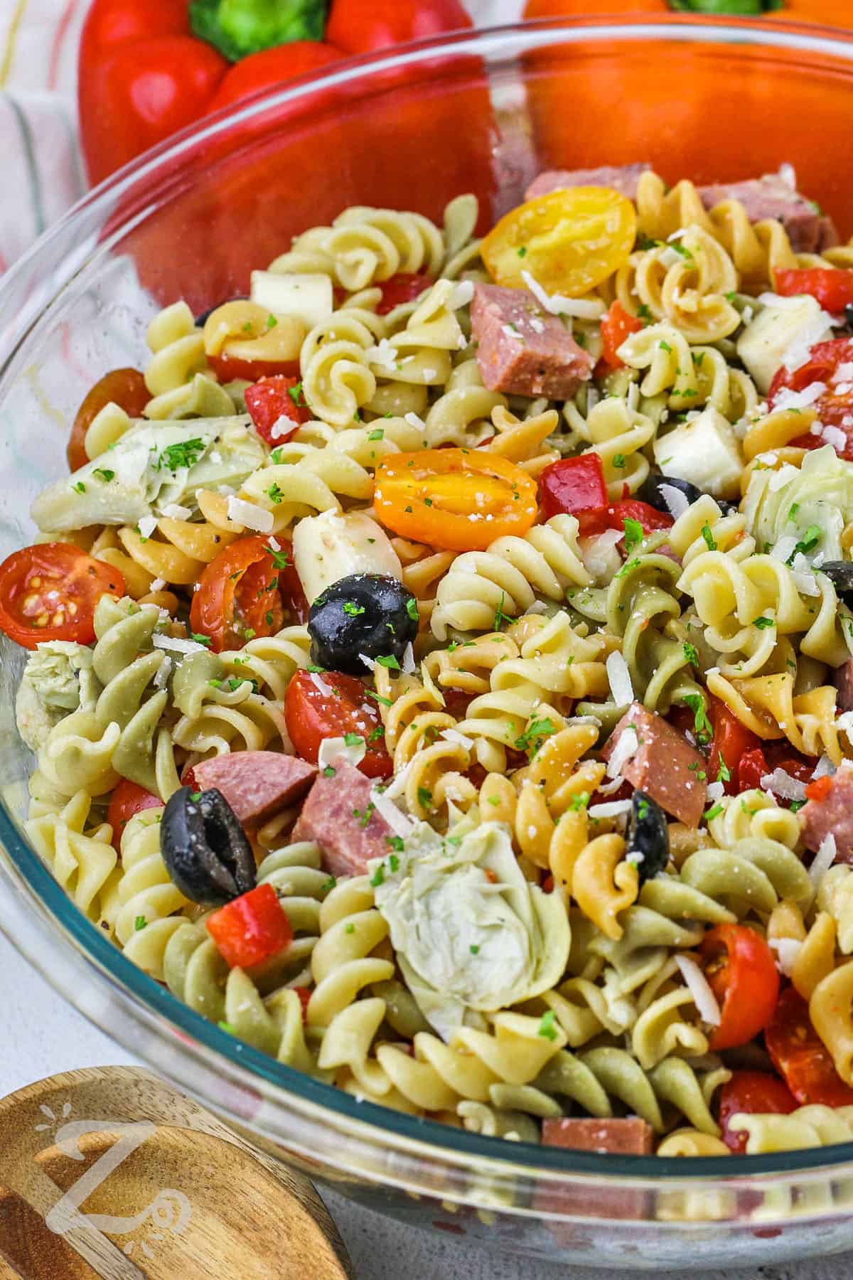 glass bowl of Italian Pasta Salad