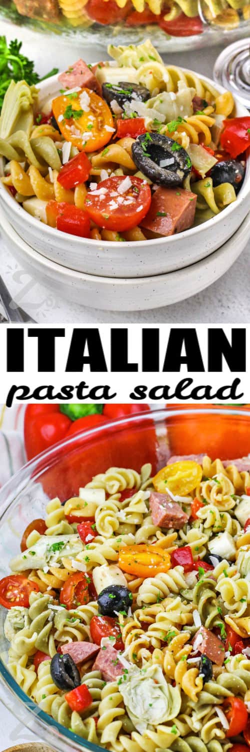 Italian Pasta Salad in a bowl with dressing and plated and a title