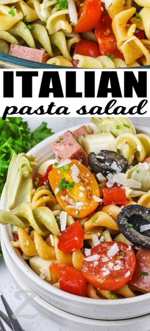 Italian Pasta Salad with parmesan and writing