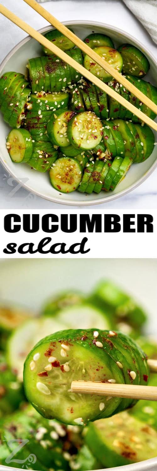 bowl of Korean Cucumber Salad and pieces in chop sticks close up with a title