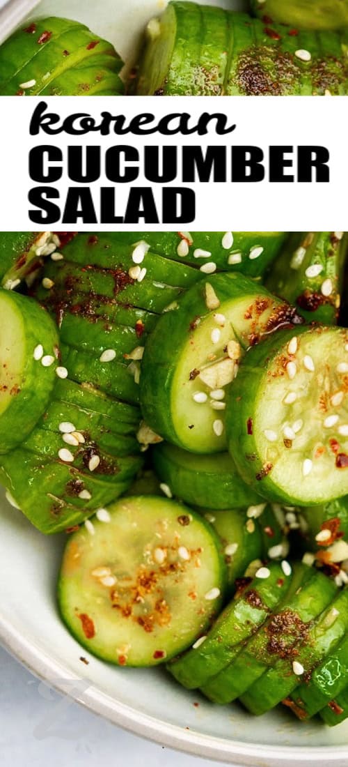 Korean Cucumber Salad with sesame seeds and a title