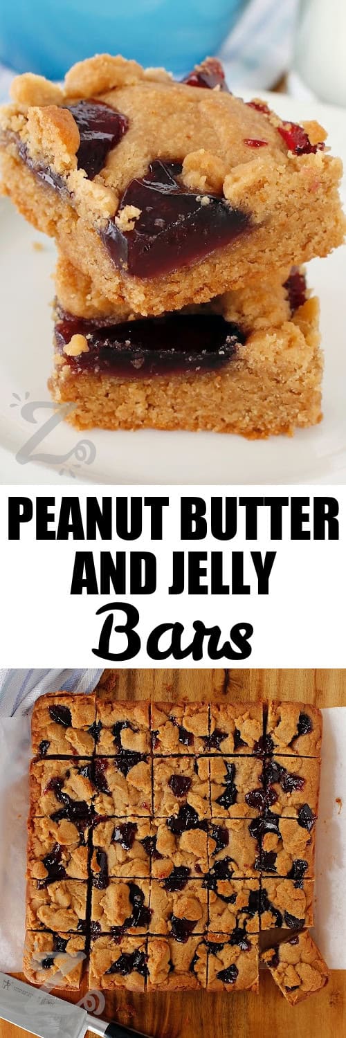 two peanut butter and jelly bars stacked on a white plate, and baked bars removed from the pan and sliced, under the title