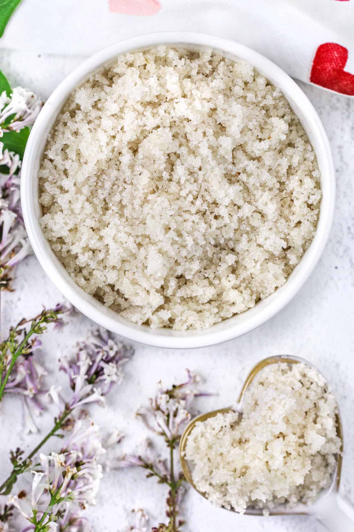 bowl of Lilac Sugar with some in a spoon