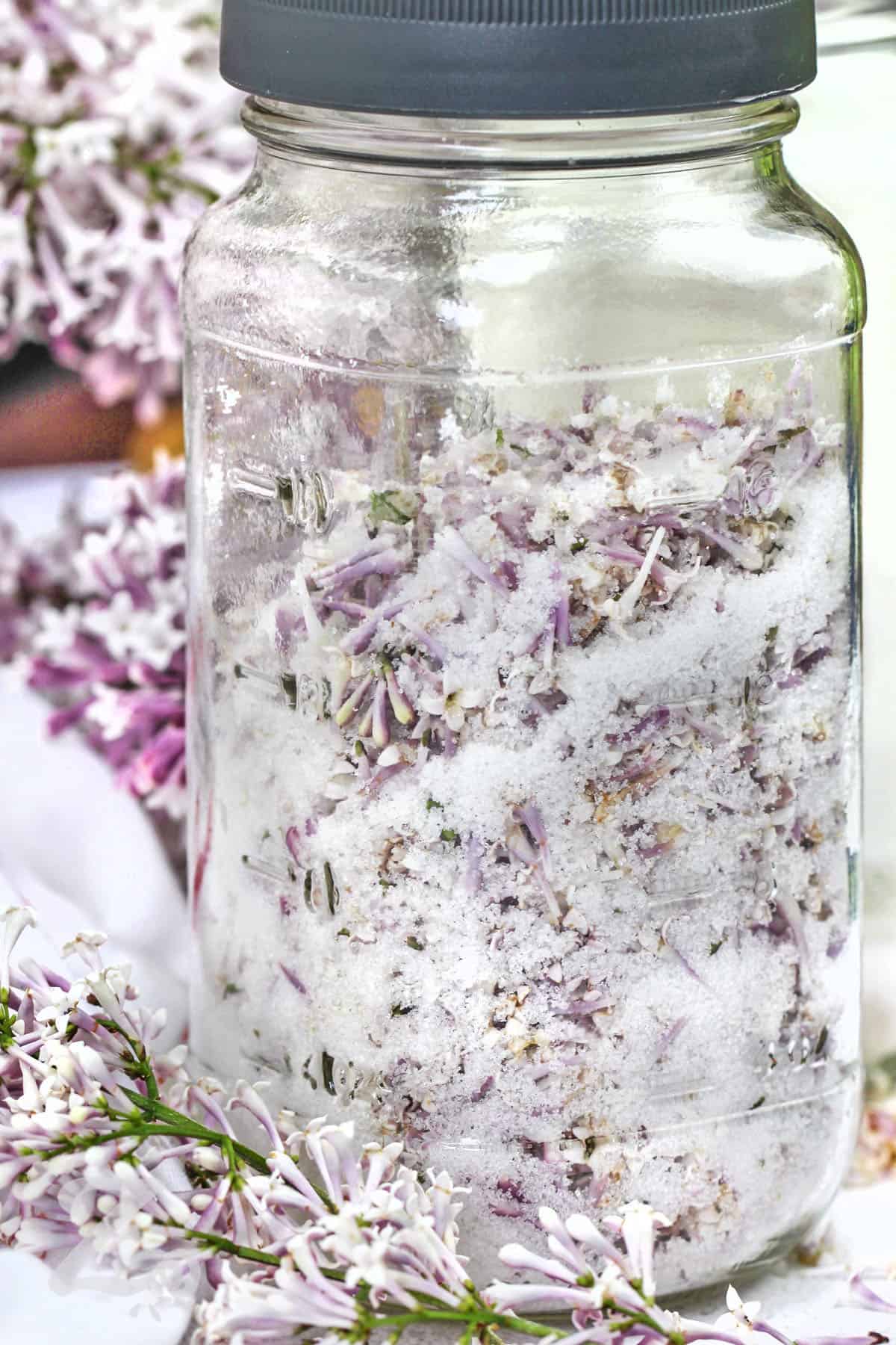 close up of Lilac Sugar with lilac in a jar