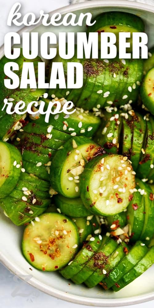 close up of Korean Cucumber Salad Recipe in a bowl with sesame seeds