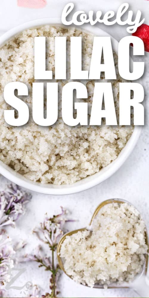 lovely Lilac Sugar in a bowl and on a heart spoon with a title