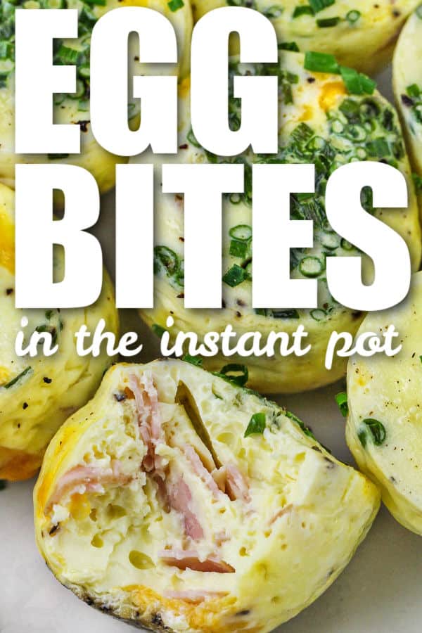 Instant Pot Egg Bites with a bite taken out of one and writing