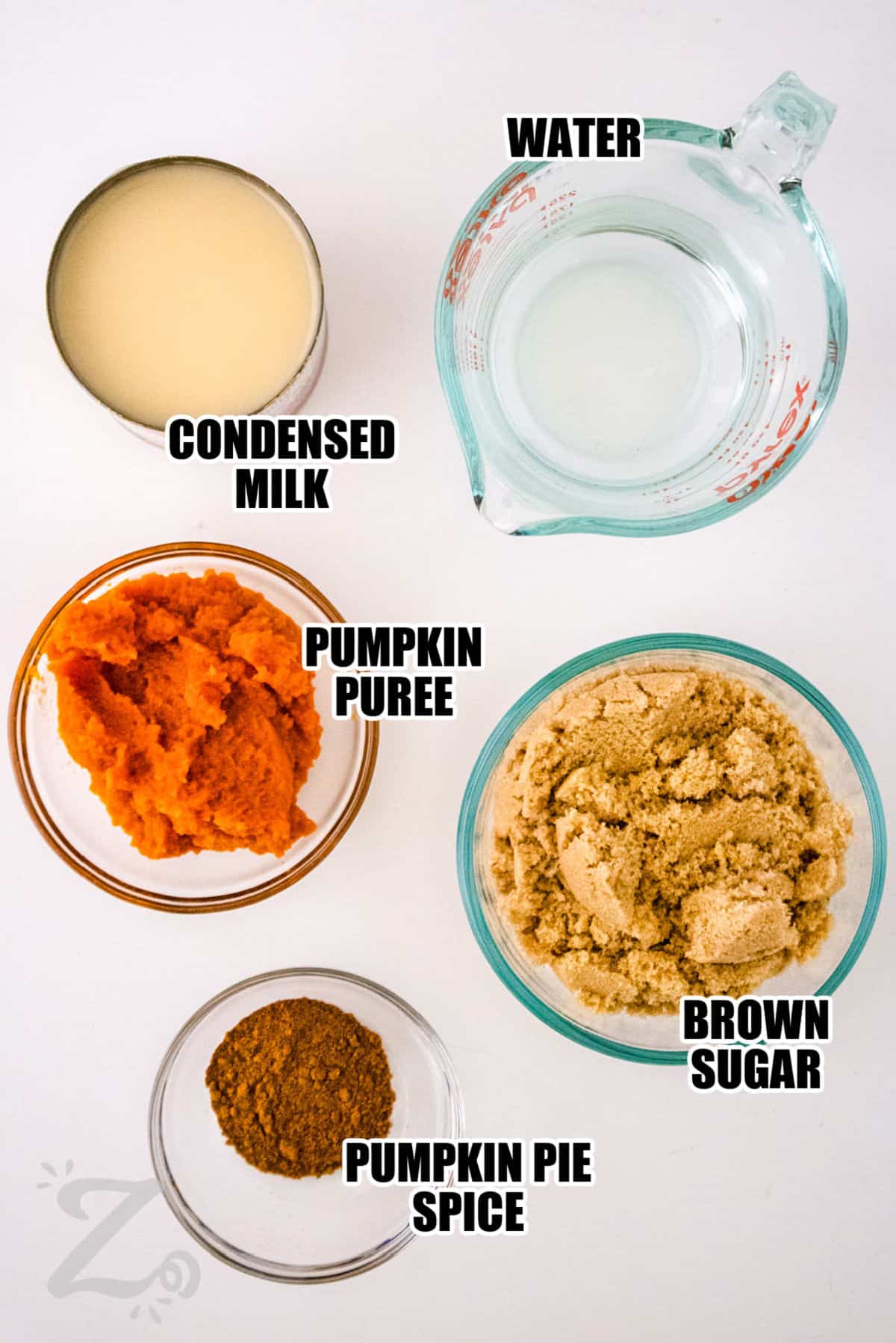 water , condensed milk , pumpkin puree , brown sugar , pumpkin pie spice in bowls to make Pumpkin Spice Syrup with labels