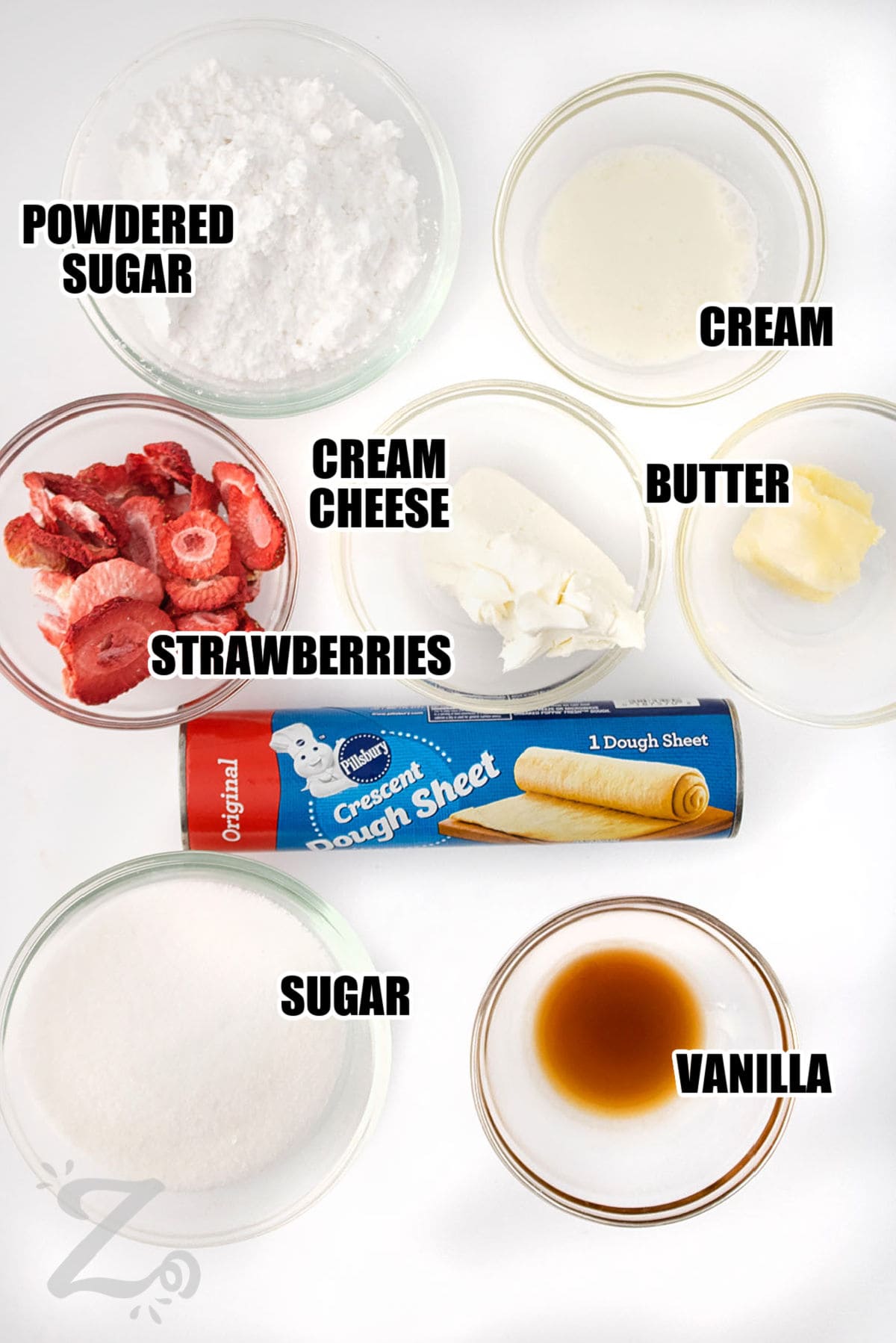 powdered sugar , cream , cream cheese , butter , freeze dried strawberries , crescent dough sheet , sugar , vanilla with labels to make Strawberry Cinnamon Rolls