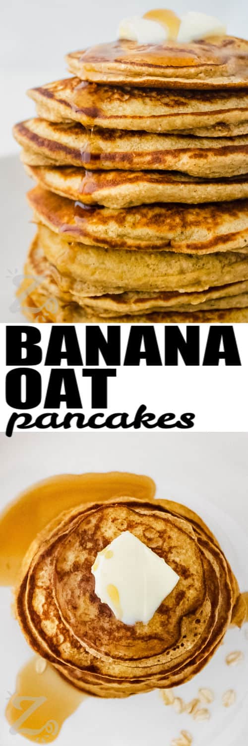 stack of Banana Oat Pancakes on a plate and close up with a title