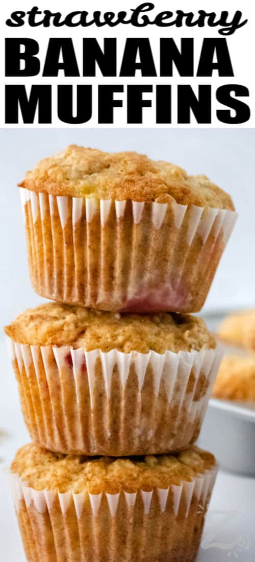 easy Strawberry Banana Muffins in a pile with a title