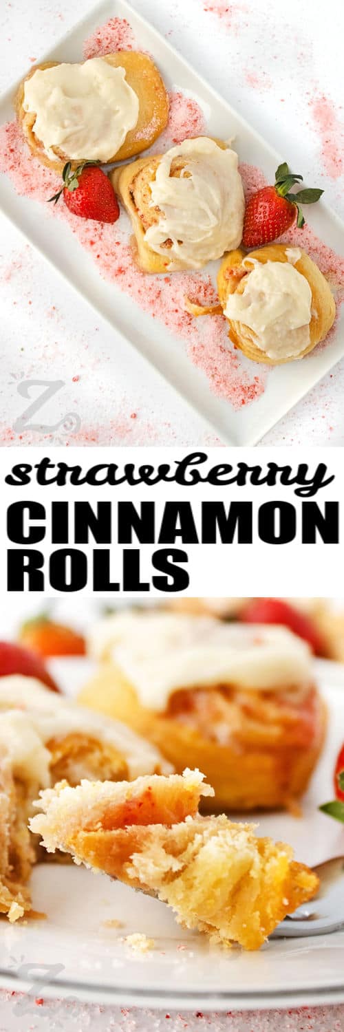 Strawberry Cinnamon Rolls on a plate and a piece on a fork with writing