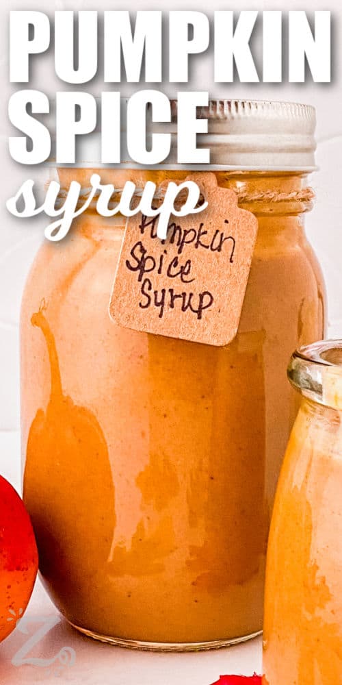 close up of Pumpkin Spice Syrup in a jar with a lid with a title