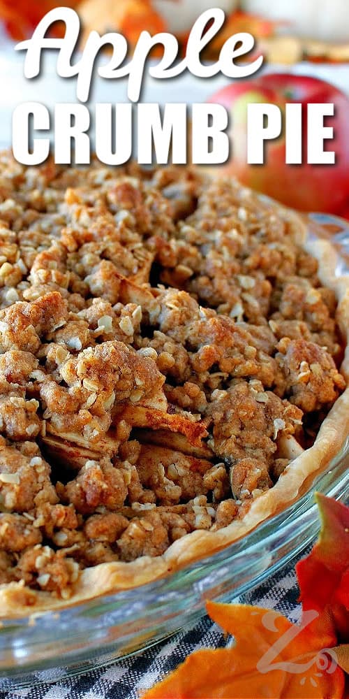 close up of apple crumb pie with writing