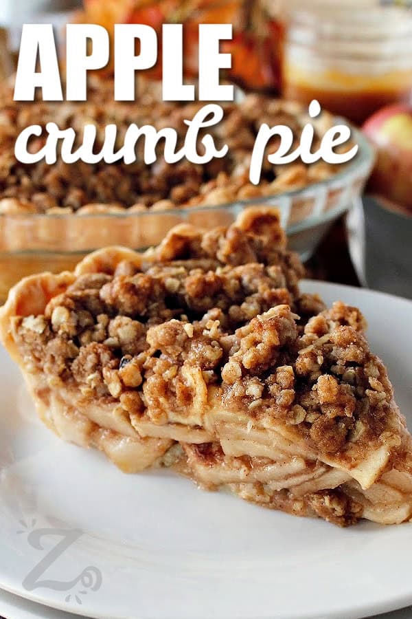 a serving of apple crumb pie on a plate with a title