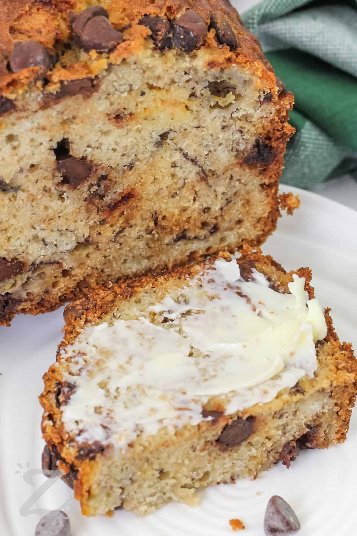 slice of Chocolate Chip Banana Bread with butter