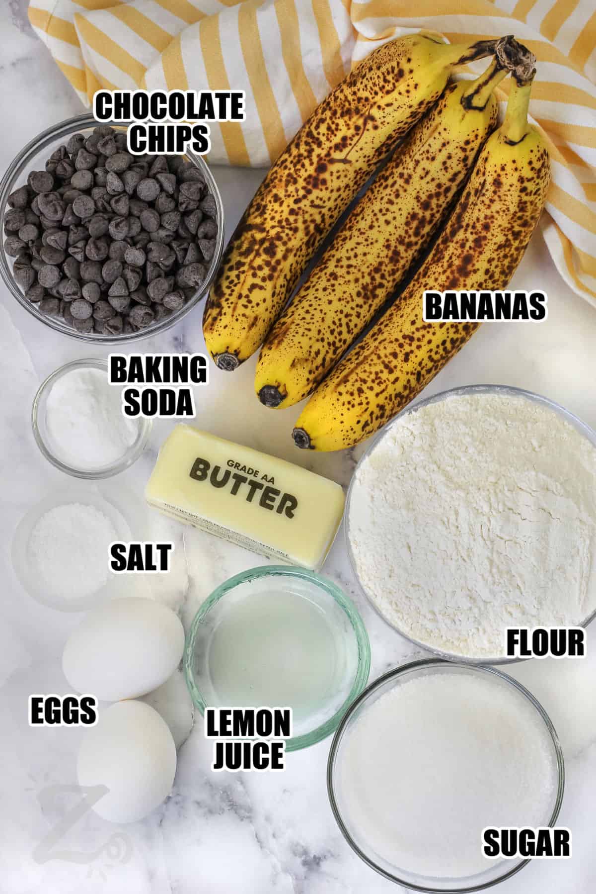 chocolate chips , bananas , baking soda , salt , eggs , lemon juice , flour , sugar with labels to make Chocolate Chip Banana Bread