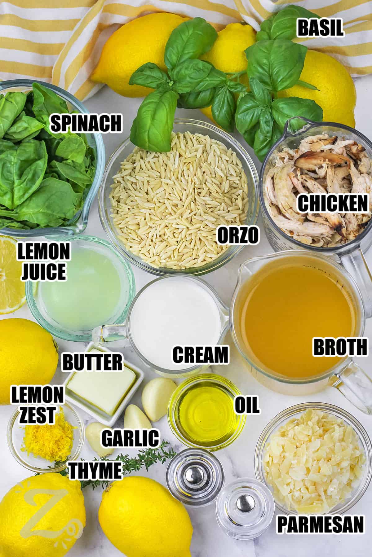 basil , spinach , orzo , chicken , butter , cream , broth , oil , garlic , thyme , parmesan , lemon with labels to make Lemon Chicken Orzo