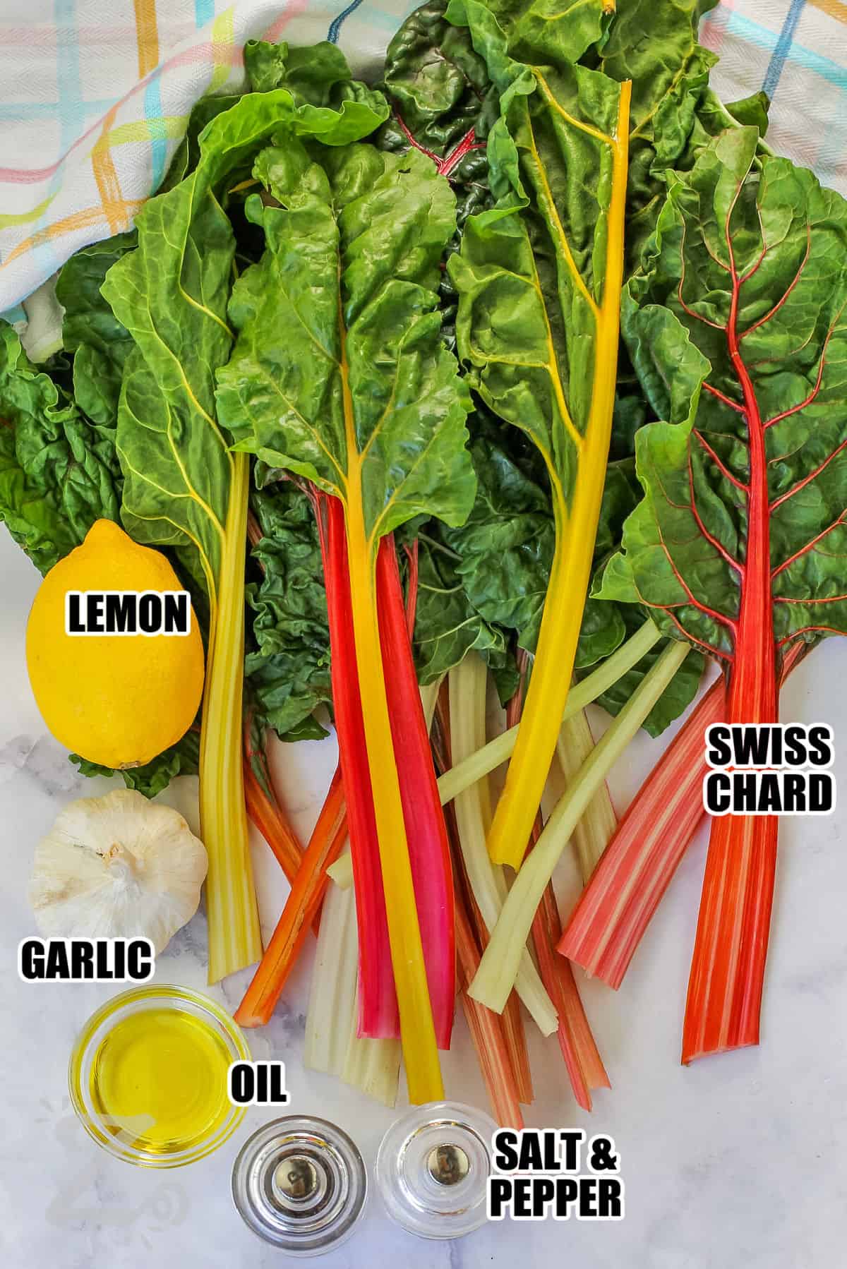 lemon , garlic , oil , swiss chard , salt and pepper with labels to make Swiss Chard