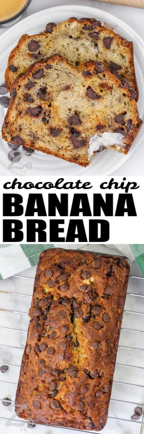 Chocolate Chip Banana Bread on a cooling rack and slices on a plate with writing