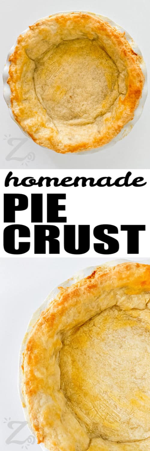 homemade Easy Pie Crust in the pan and close up with a title