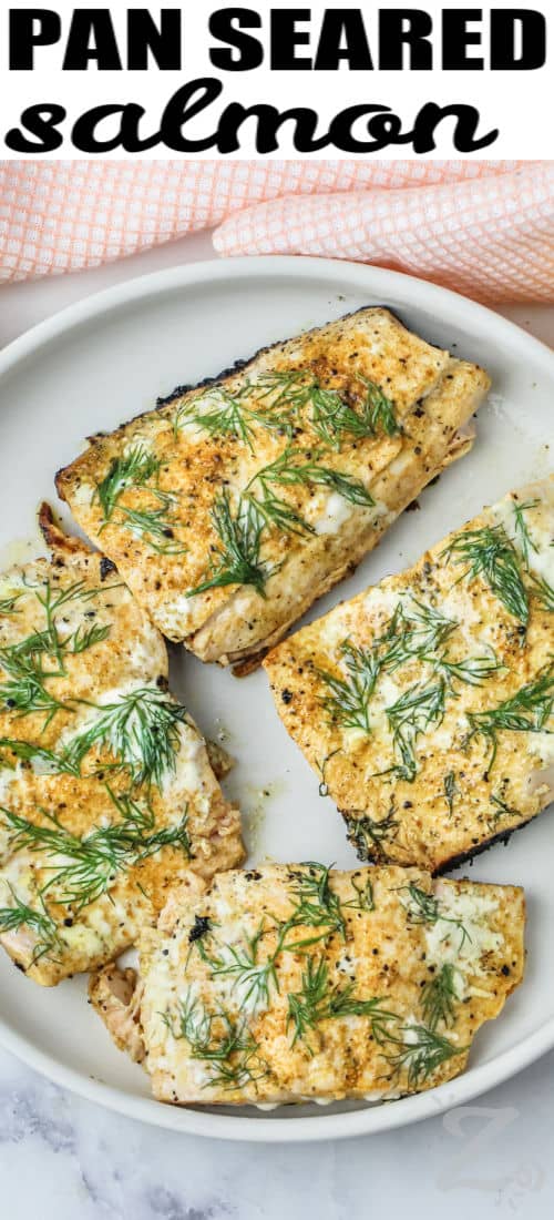 plate of Pan Seared Salmon Filets with writing