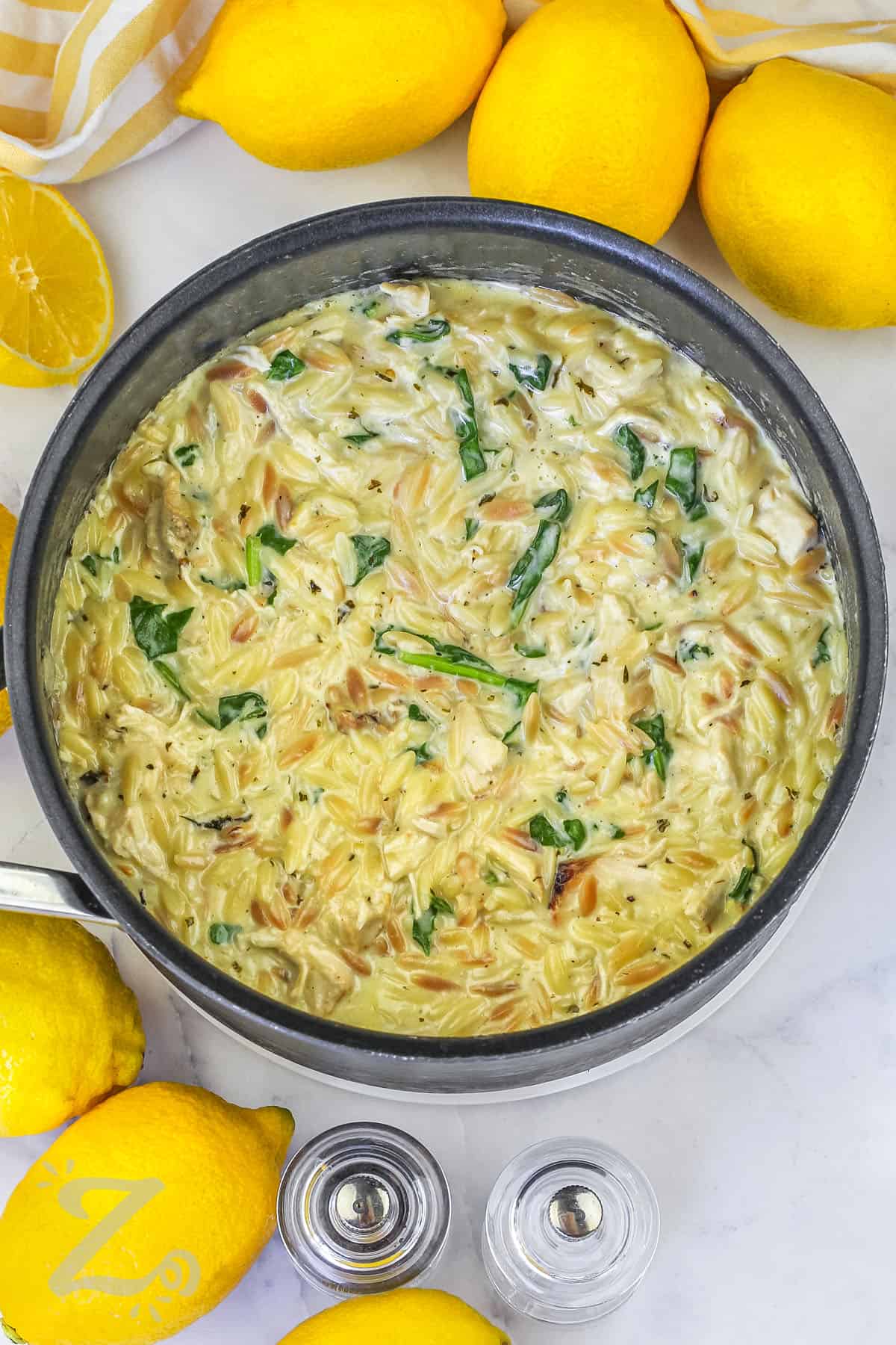 cooked Lemon Chicken Orzo in a pot