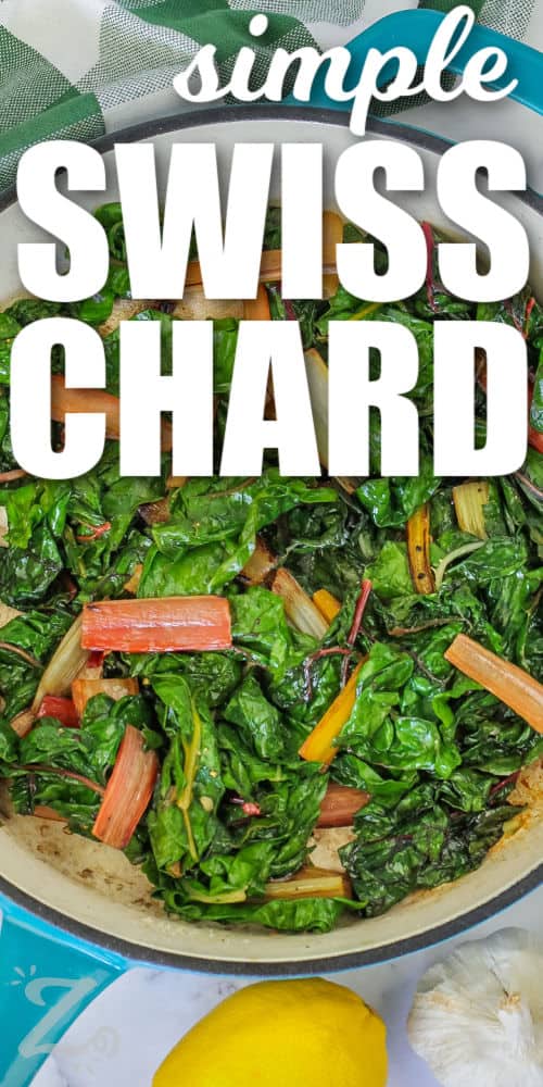 simple Swiss Chard in the pan with writing