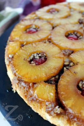 homemade pineapple upside down cake on on a platter