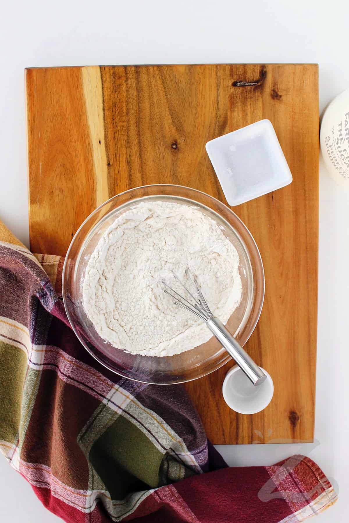 dry ingredients whisked together in a small clear bowl to make homemade pineapple upside down cake