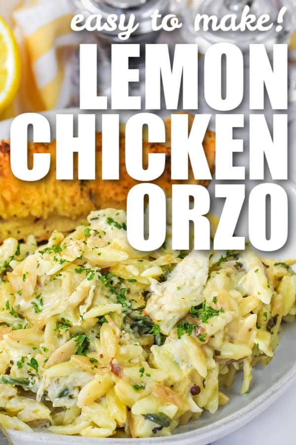 Lemon Chicken Orzo on a plate with a title