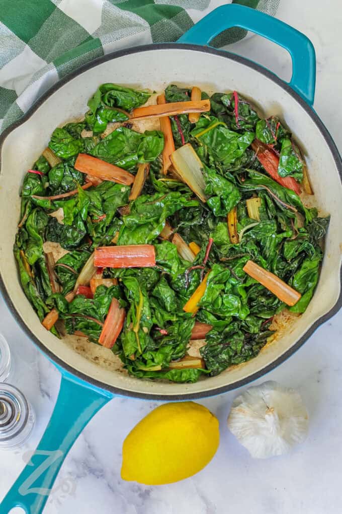 cooked Swiss Chard in the pan