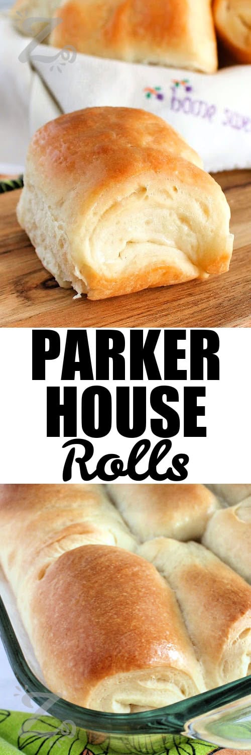a roll sitting on a wooden board, with Parker House Rolls in a clear baking dish under the title