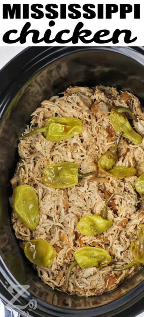 crockpot full of Mississippi Chicken with a title