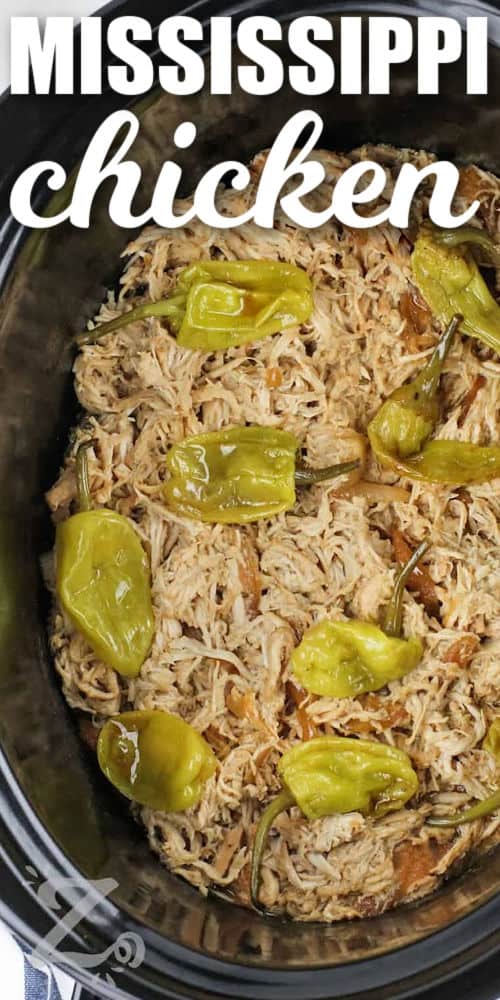 Mississippi Chicken in the pot with a title