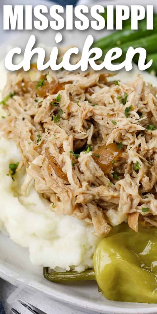 close up of plated Mississippi Chicken with a title