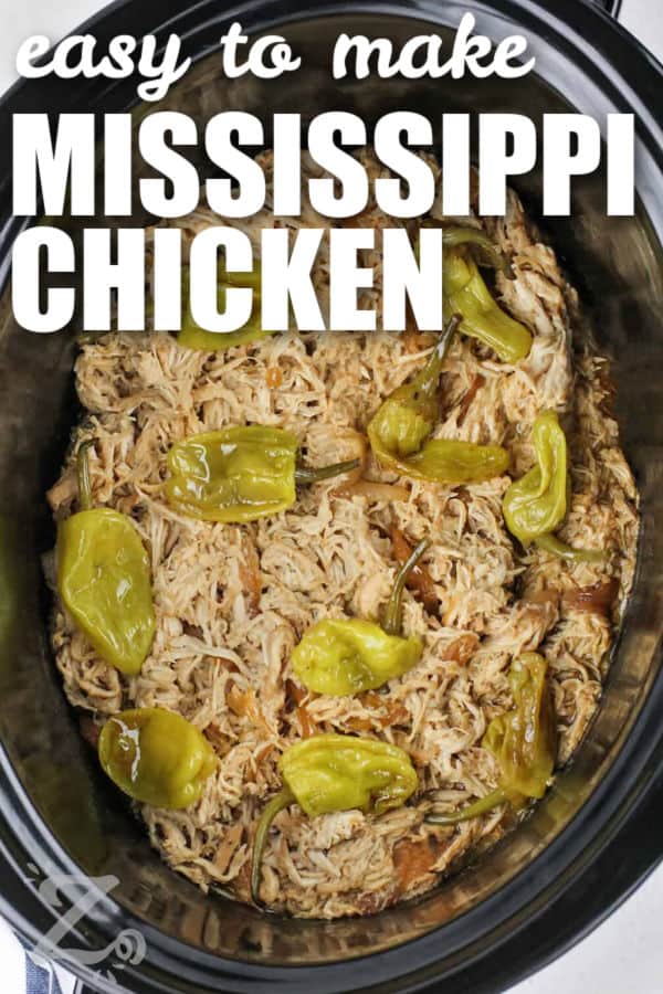 easy to make Mississippi Chicken in the crockpot with writing