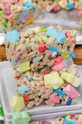 stack of Homemade Lucky Charms Bars on a plate
