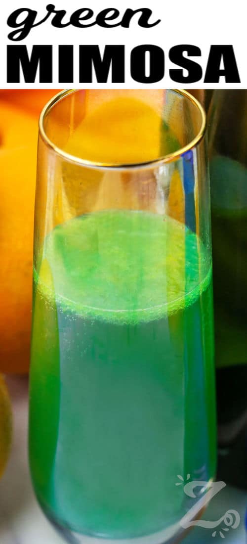 close up of Green Mimosa in a glass with a title