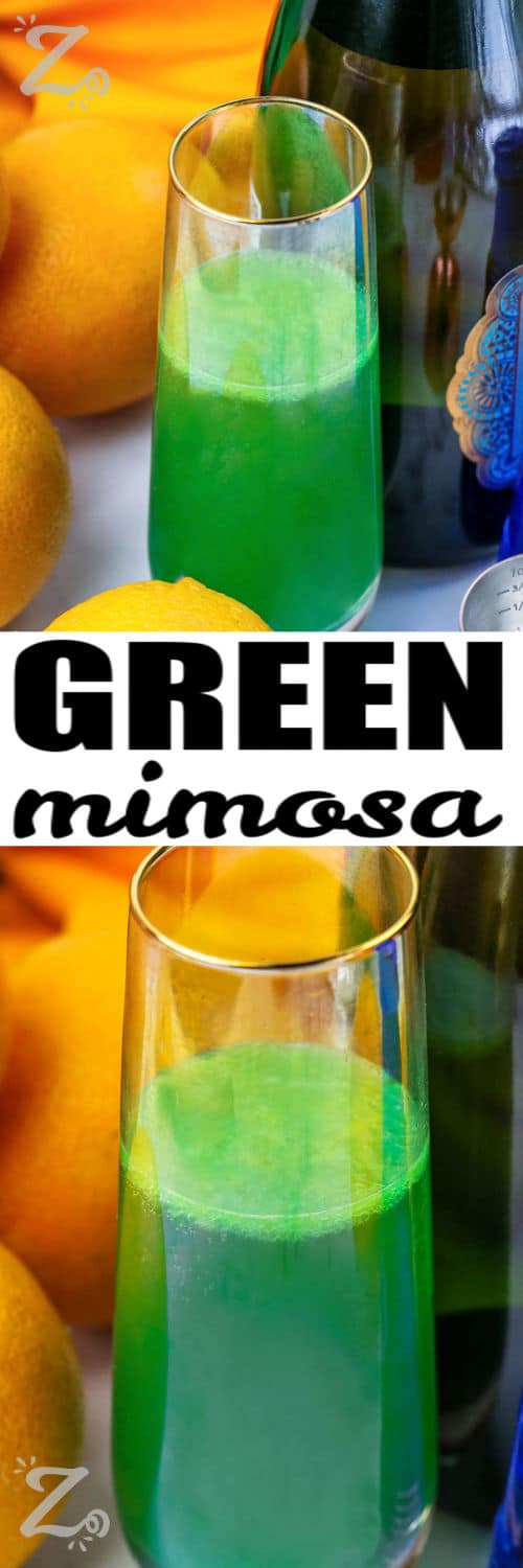 Green Mimosa in glass and close up photo with a title
