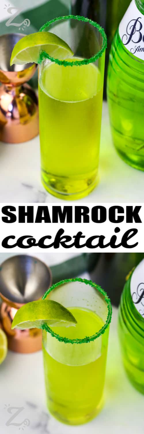 refreshing Sparkling Shamrock Cocktail in a glass and top view with a title