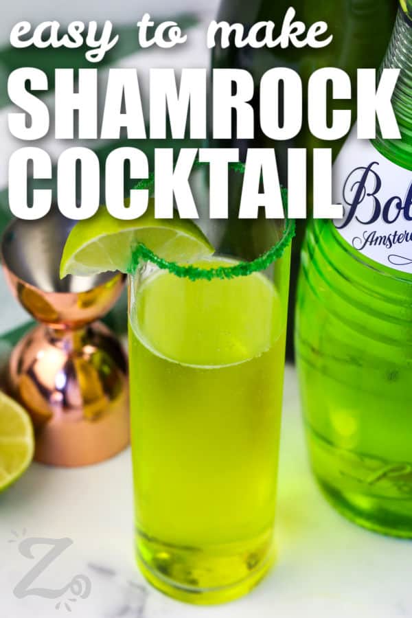 easy to make Sparkling Shamrock Cocktail with writing