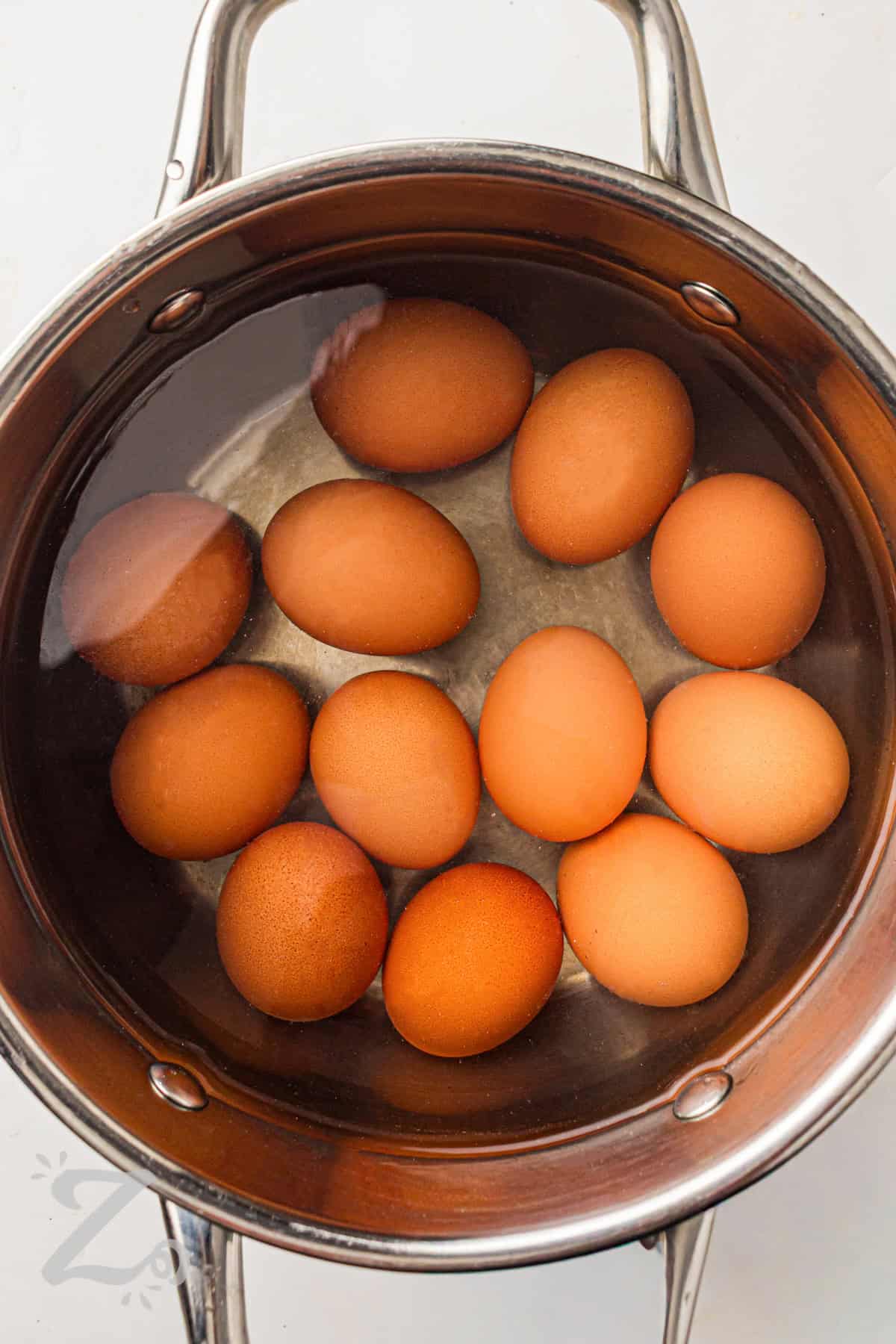 eggs in pot to make Classic Deviled Eggs