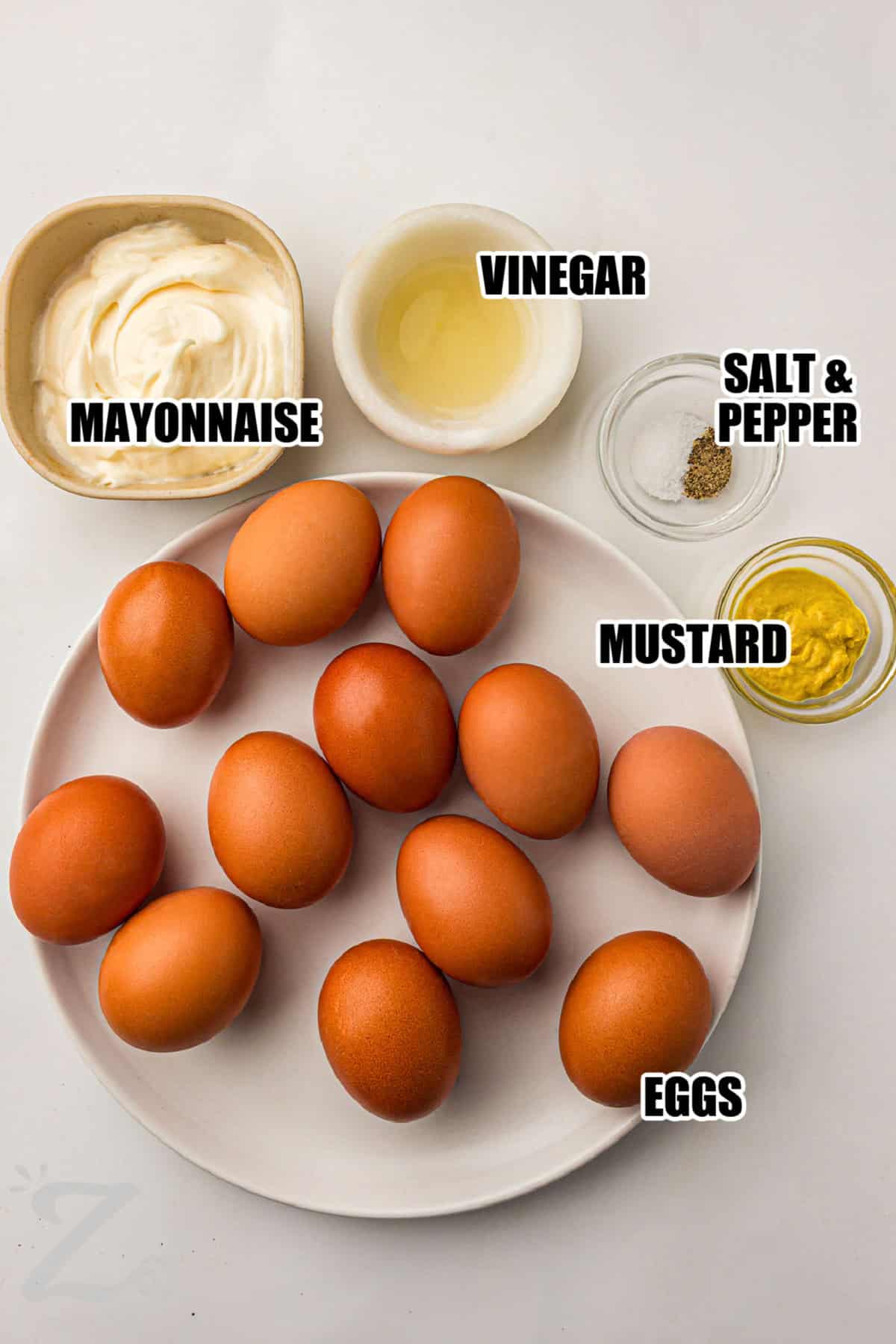 mayonnaise , vinegar , mustard , eggs , salt and pepper with labels to make Classic Deviled Eggs