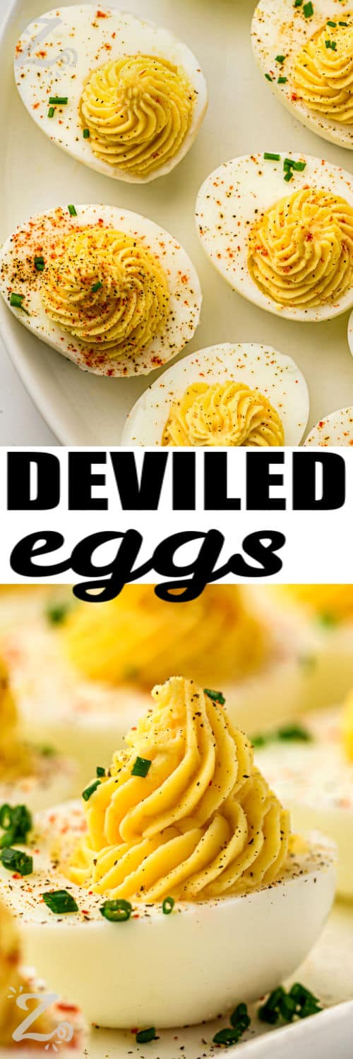 Classic Deviled Eggs on a plate and close up photo with a title