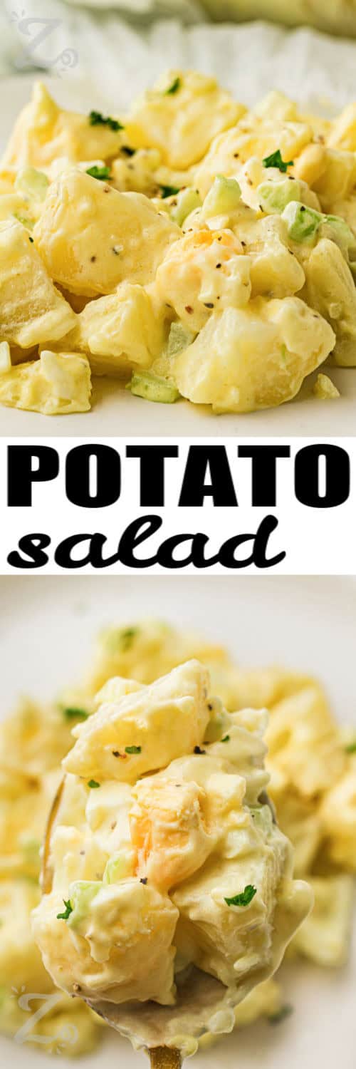 Classic potato salad recipe fans will love this easy homemade side dish for summer meals. Yukon Gold potatoes, hard-boiled eggs, celery, and onion are coated in a creamy dressing with mustard and apple cider vinegar. This old-fashioned potato salad is perfect for potlucks, cookouts, and holiday gatherings. Make it ahead and keep it chilled until ready to serve with grilled favorites. #ourzestylife Classic Potato Salad on a plate and on a spoon with a title
