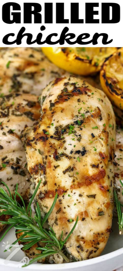 close up of Grilled Chicken with a title