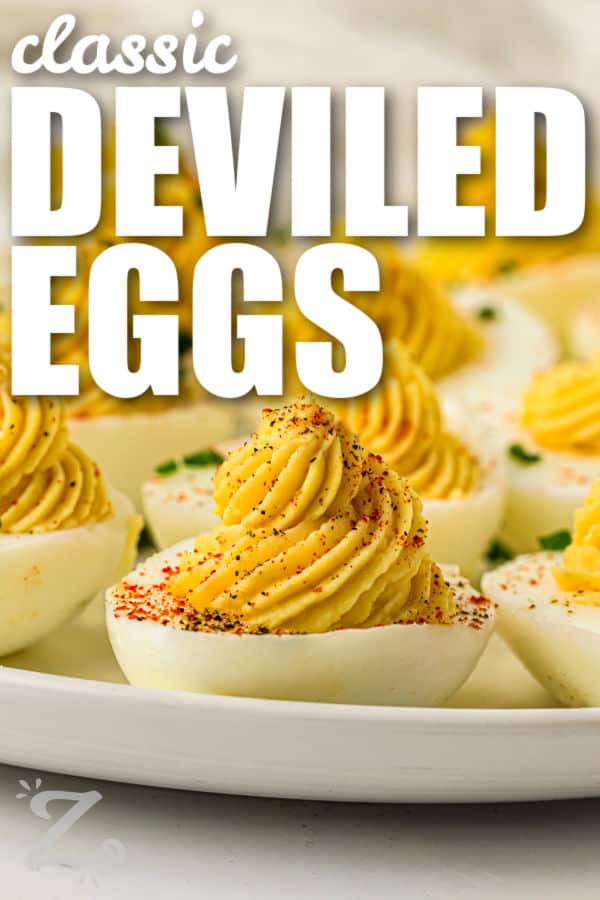 Classic Deviled Eggs on plate with title