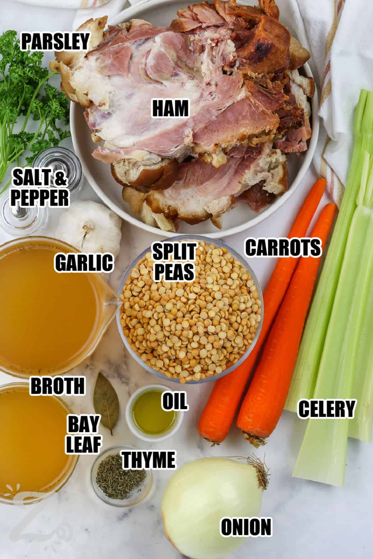 Instant Pot split pea soup is packed with smoky ham, split peas, and tender veggies in every hearty bite. This easy soup recipe creates rich homemade flavor that tastes comforting and satisfying from the very first spoonful. The creamy texture and savory broth make it perfect for chilly evenings when you want a warm family dinner. It is a simple pressure cooker recipe that always delivers big flavor. Cook up this hearty soup recipe tonight. #ourzestylife ham , parsley , carrots , split peas , celery , onion , thyme , oil , bay leaf , broth , garlic , salt and pepper with labels to make Instant Pot Split Pea Soup with Ham