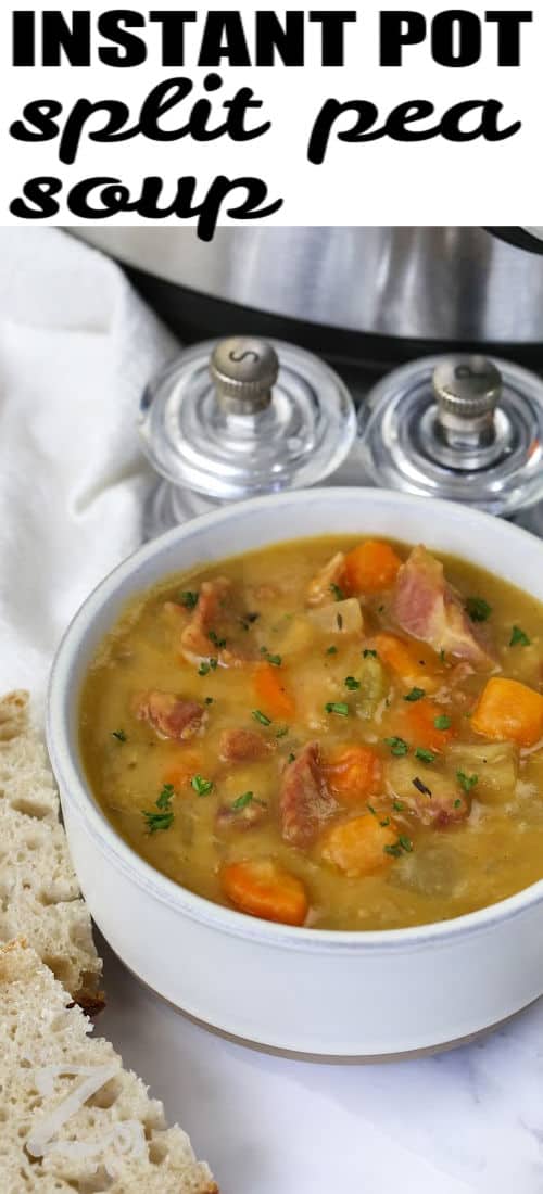 Instant Pot split pea soup is a warm and hearty dinner recipe loaded with smoky ham and creamy split peas. Carrots, celery, onions, and herbs add rich homemade flavor that makes this soup both filling and satisfying. This pressure cooker recipe is perfect for meal prep, family dinners, or using leftover ham in a delicious way. Every bowl tastes comforting and is packed with classic soup season flavor. Serve this hearty soup for supper tonight. #ourzestylife bowl of Instant Pot Split Pea Soup with Ham with bread and a title